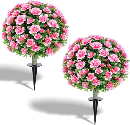 24''Artificial Flowers for Outdoors,2 Pack Topiary Ball Trees Fake Outdoor Plants with Ground Spike,UV Resistant Faux Shrubs for Garden,Porch,Front,Patio,Pink Crabapple Blossoms