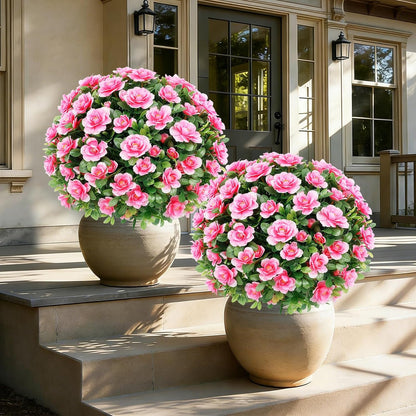 24''Artificial Flowers for Outdoors,2 Pack Topiary Ball Trees Fake Outdoor Plants with Ground Spike,UV Resistant Faux Shrubs for Garden,Porch,Front,Patio,Pink Crabapple Blossoms
