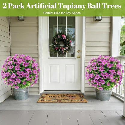 24''Artificial Flowers for Outdoors,2 Pack Topiary Ball Trees Fake Outdoor Plants with Ground Spike,UV Resistant Faux Shrubs for Garden,Porch,Front,Patio,Pink Crabapple Blossoms