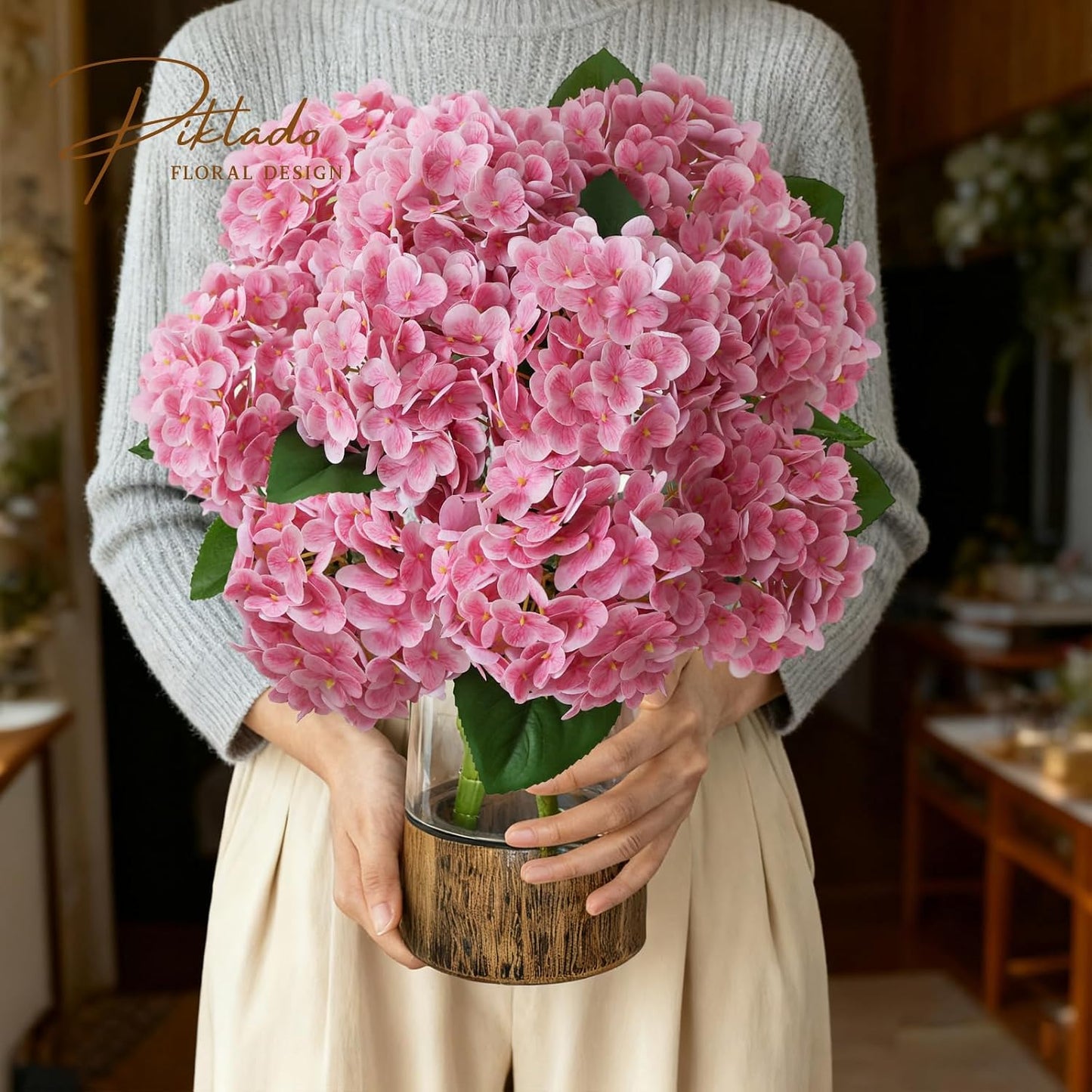 1 Bunch 21in Real Touch Hydrangea Artificial Flowers with 5pcs Flower Head 10pcs Leaves Faux Hydrangea Flowers for Home Office Decor Wedding Party Arrangements (White, 1 Bunch)