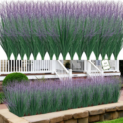 10 Bundles Artificial Grass Plants Outdoor - UV Resistant Tall Onion Grass Fake Grass Filler, Wheat Grass Greenery Stems for Indoor Outdoor Vase Planters Home Porch Decor（Green Purple Tail）