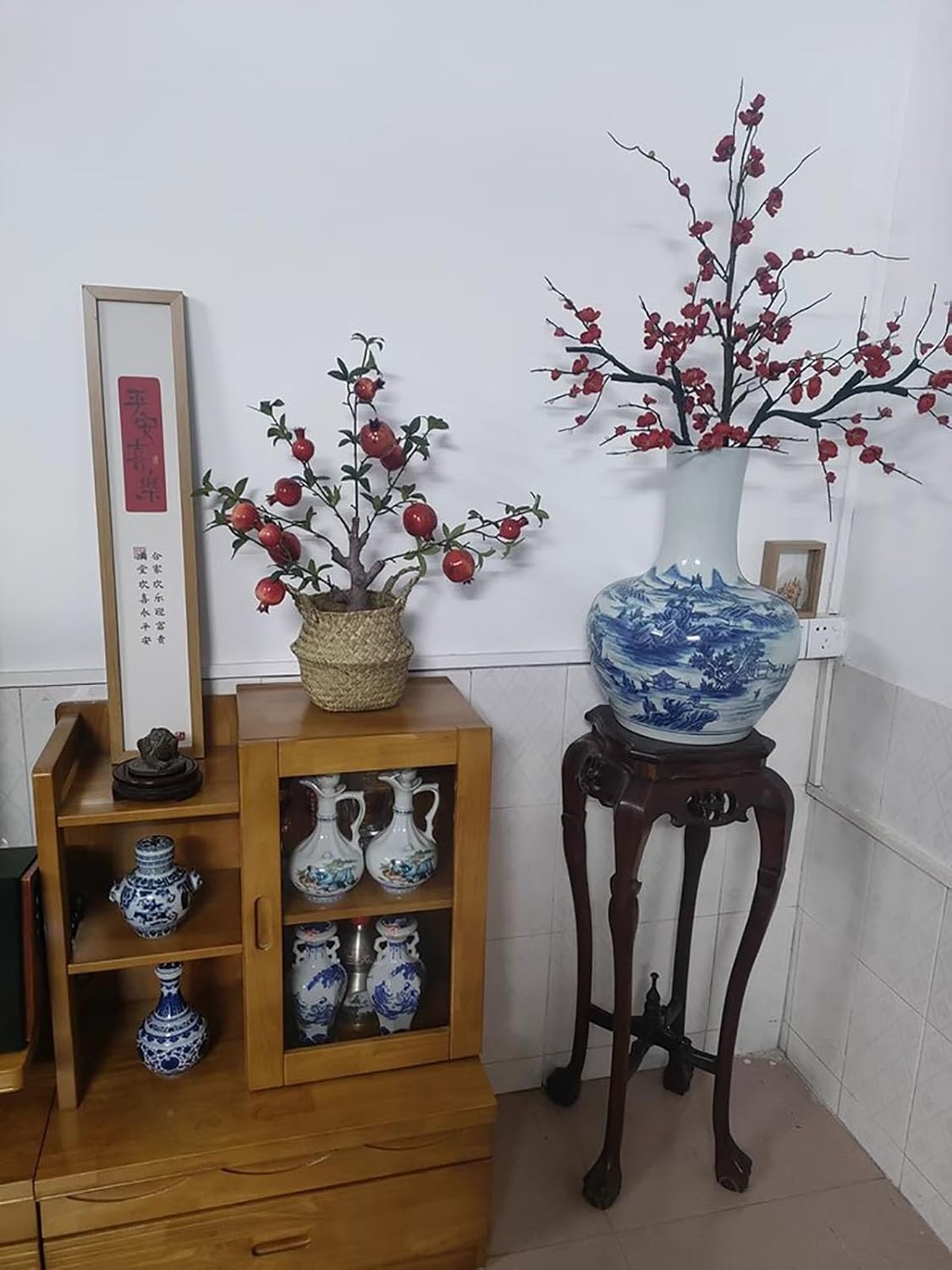 Artificial Tree Artificial Pomegranate Tree Planter for Indoor Decorative, Outdoor Fake Potted Plants Vase/Imitation Pot, Natural Forsythia Branches Tree(90cm(3ft))