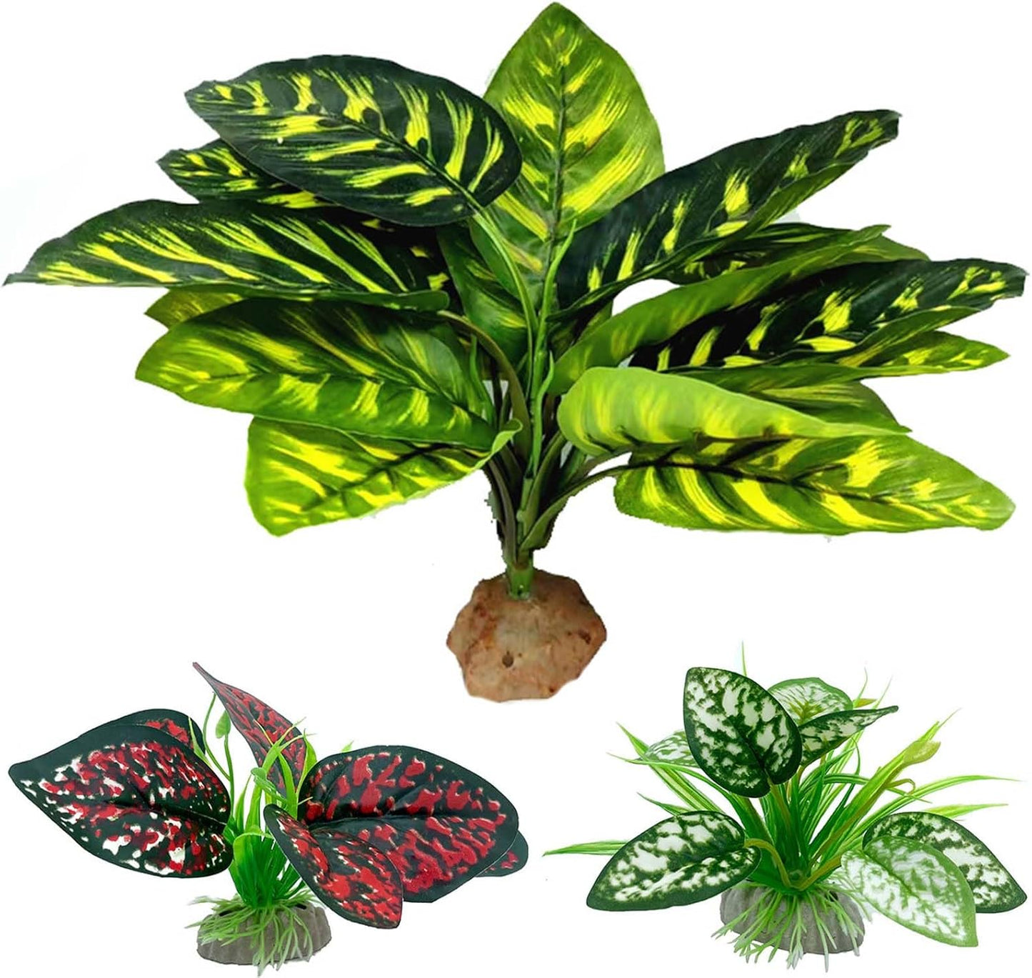 Reptile Artificial Plants, Terrarium Plants Decorations Supplies, Aquarium Fish Tank Plant, Amphibian Habitat Hideout Tank Accessories(L Set-3pcs/A)