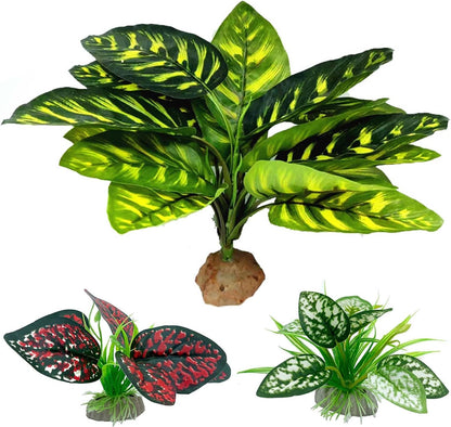 Reptile Artificial Plants, Terrarium Plants Decorations Supplies, Aquarium Fish Tank Plant, Amphibian Habitat Hideout Tank Accessories(L Set-3pcs/A)