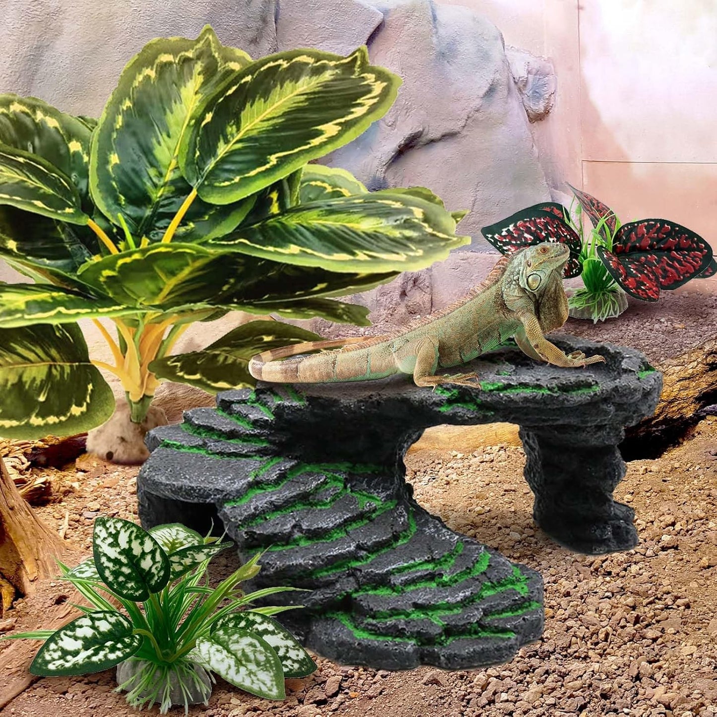 Reptile Artificial Plants, Terrarium Plants Decorations Supplies, Aquarium Fish Tank Plant, Amphibian Habitat Hideout Tank Accessories(L Set-3pcs/A)