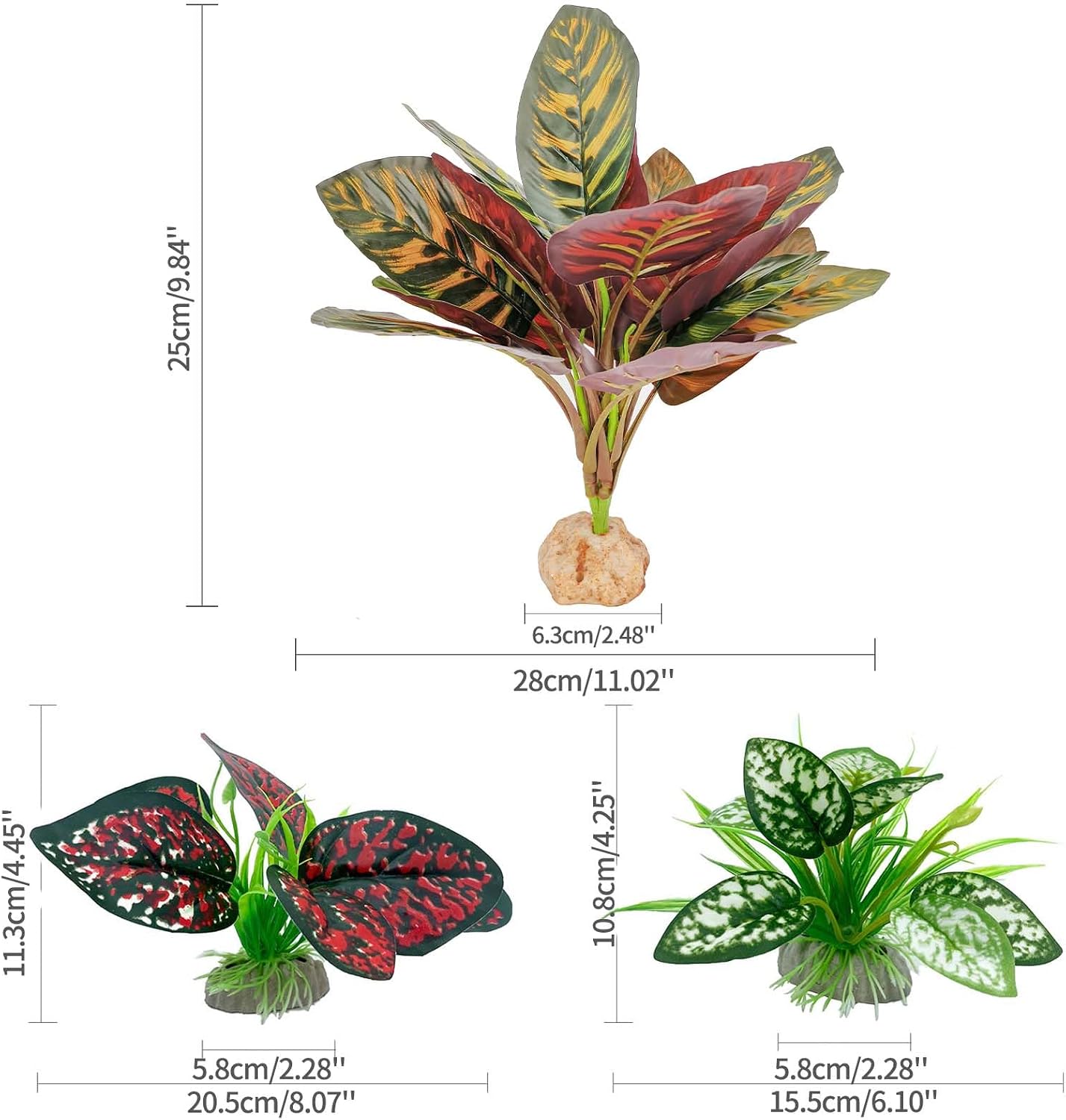 Reptile Artificial Plants, Terrarium Plants Decorations Supplies, Aquarium Fish Tank Plant, Amphibian Habitat Hideout Tank Accessories(L Set-3pcs/A)