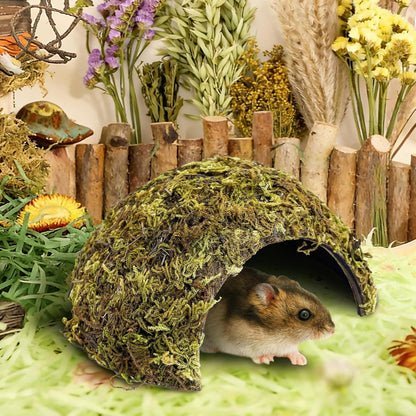 Hamster Hideout Natural Mossy Cave Hamster Houses and Hideouts Moss Covered Coconut Enclosed Hiding Hut for Mice Habitat Hamster Cage Accessories for Dwarf Gerbil Syrian Fancy Mouse