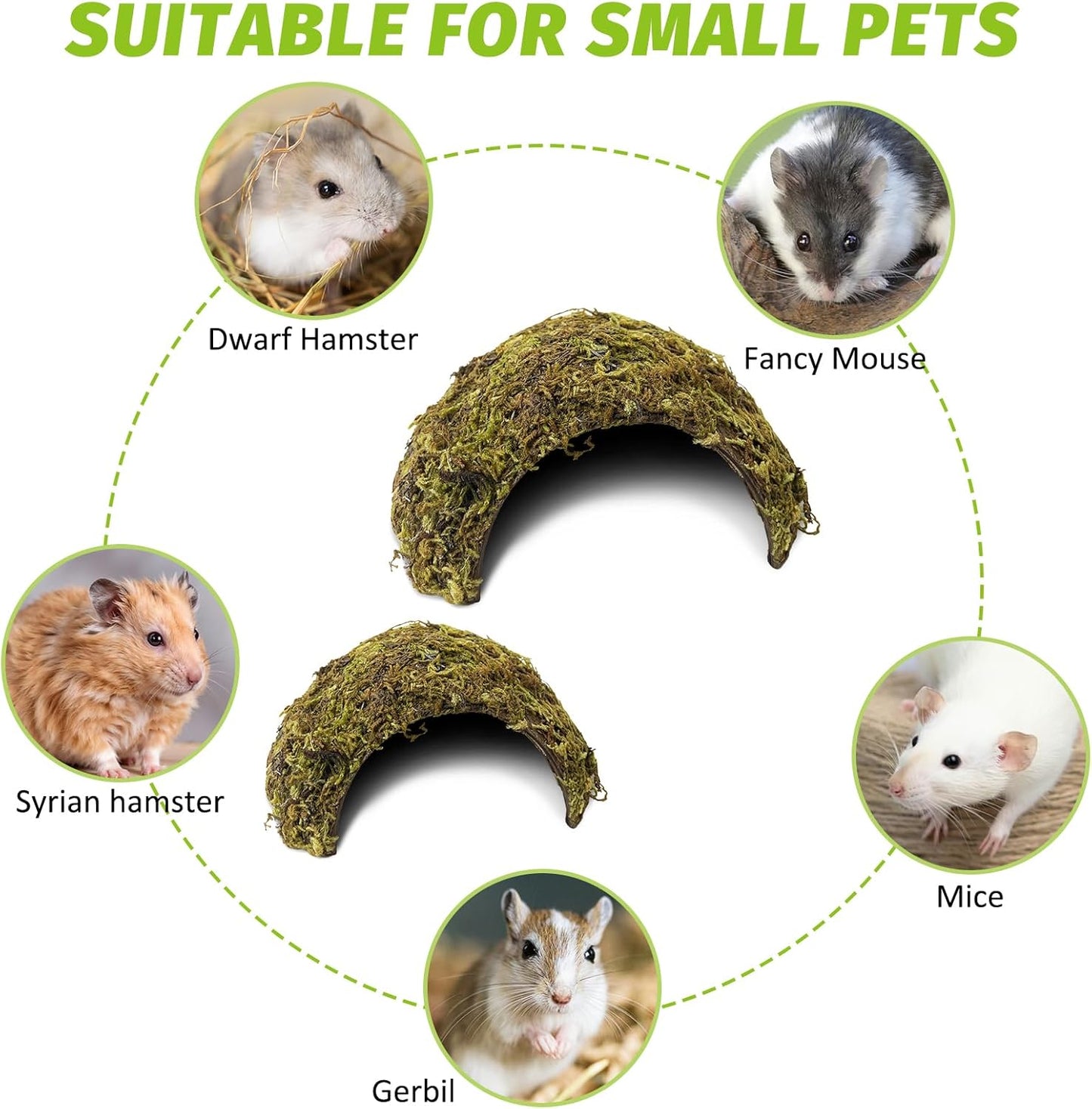 Hamster Hideout Natural Mossy Cave Hamster Houses and Hideouts Moss Covered Coconut Enclosed Hiding Hut for Mice Habitat Hamster Cage Accessories for Dwarf Gerbil Syrian Fancy Mouse