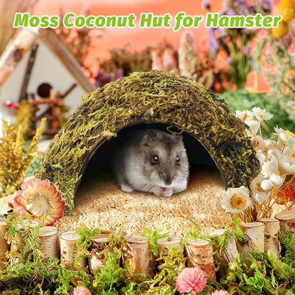 Hamster Hideout Natural Mossy Cave Hamster Houses and Hideouts Moss Covered Coconut Enclosed Hiding Hut for Mice Habitat Hamster Cage Accessories for Dwarf Gerbil Syrian Fancy Mouse