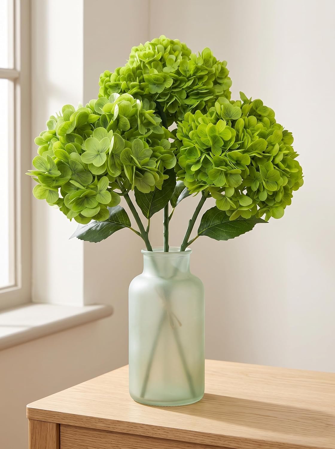 3 Pcs Real Touch Light Green Hydrangea Artificial Flowers - Large 3D Waterproof Latex Green Faux Fake Hydrangeas with Stem for Outdoor, Wedding, Table Centerpieces, Home Kitchen Decor