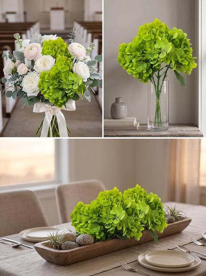 3 Pcs Real Touch Light Green Hydrangea Artificial Flowers - Large 3D Waterproof Latex Green Faux Fake Hydrangeas with Stem for Outdoor, Wedding, Table Centerpieces, Home Kitchen Decor