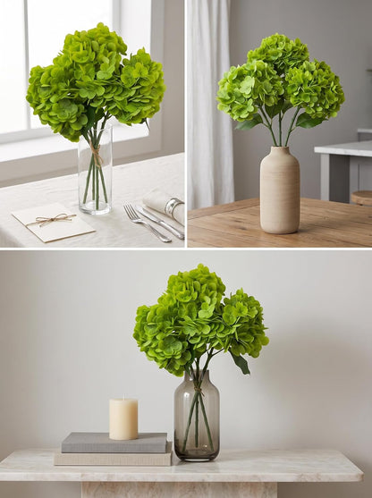 3 Pcs Real Touch Light Green Hydrangea Artificial Flowers - Large 3D Waterproof Latex Green Faux Fake Hydrangeas with Stem for Outdoor, Wedding, Table Centerpieces, Home Kitchen Decor