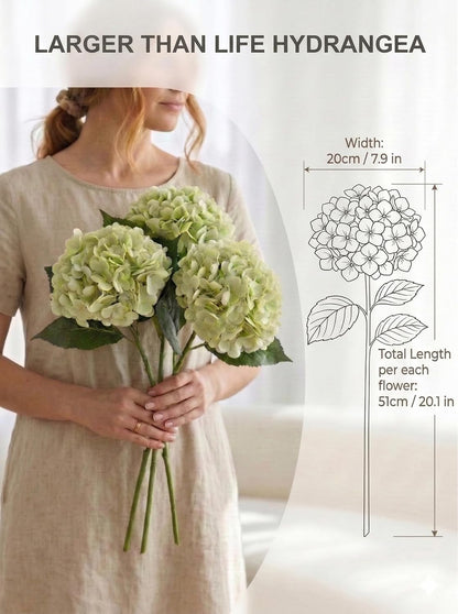 3 Pcs Real Touch Light Green Hydrangea Artificial Flowers - Large 3D Waterproof Latex Green Faux Fake Hydrangeas with Stem for Outdoor, Wedding, Table Centerpieces, Home Kitchen Decor