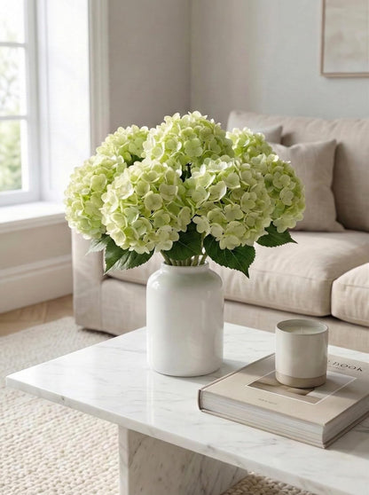 3 Pcs Real Touch Light Green Hydrangea Artificial Flowers - Large 3D Waterproof Latex Green Faux Fake Hydrangeas with Stem for Outdoor, Wedding, Table Centerpieces, Home Kitchen Decor