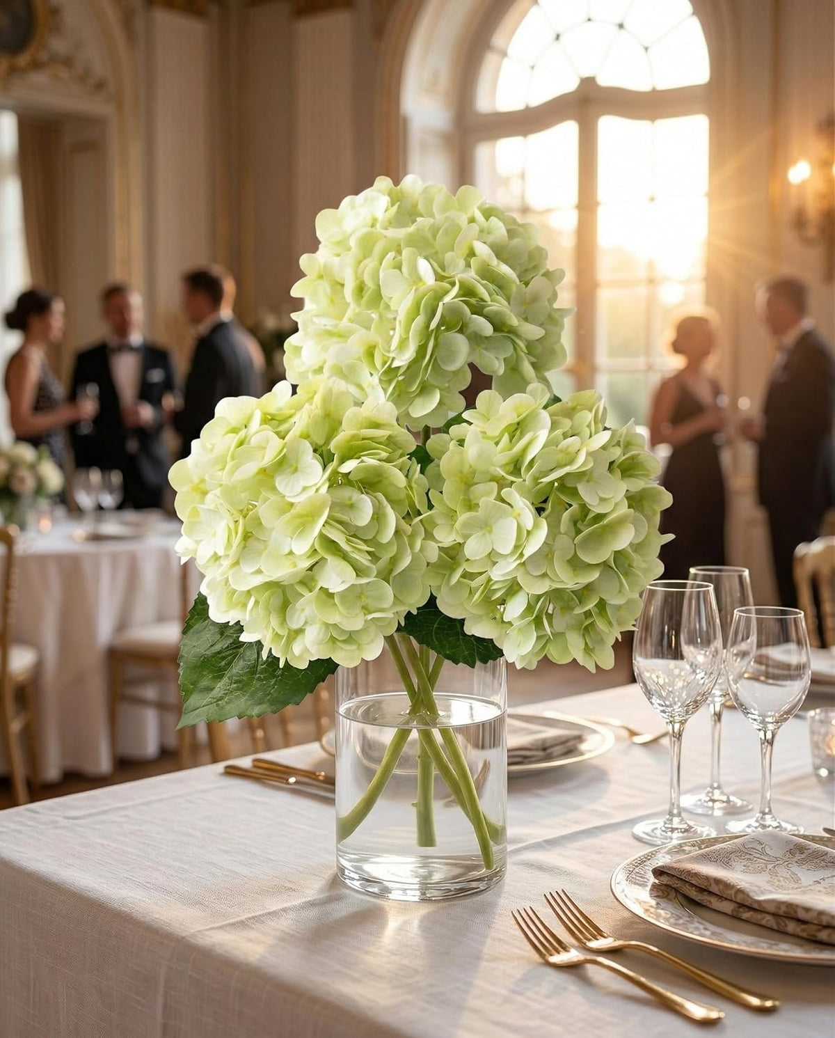 3 Pcs Real Touch Light Green Hydrangea Artificial Flowers - Large 3D Waterproof Latex Green Faux Fake Hydrangeas with Stem for Outdoor, Wedding, Table Centerpieces, Home Kitchen Decor
