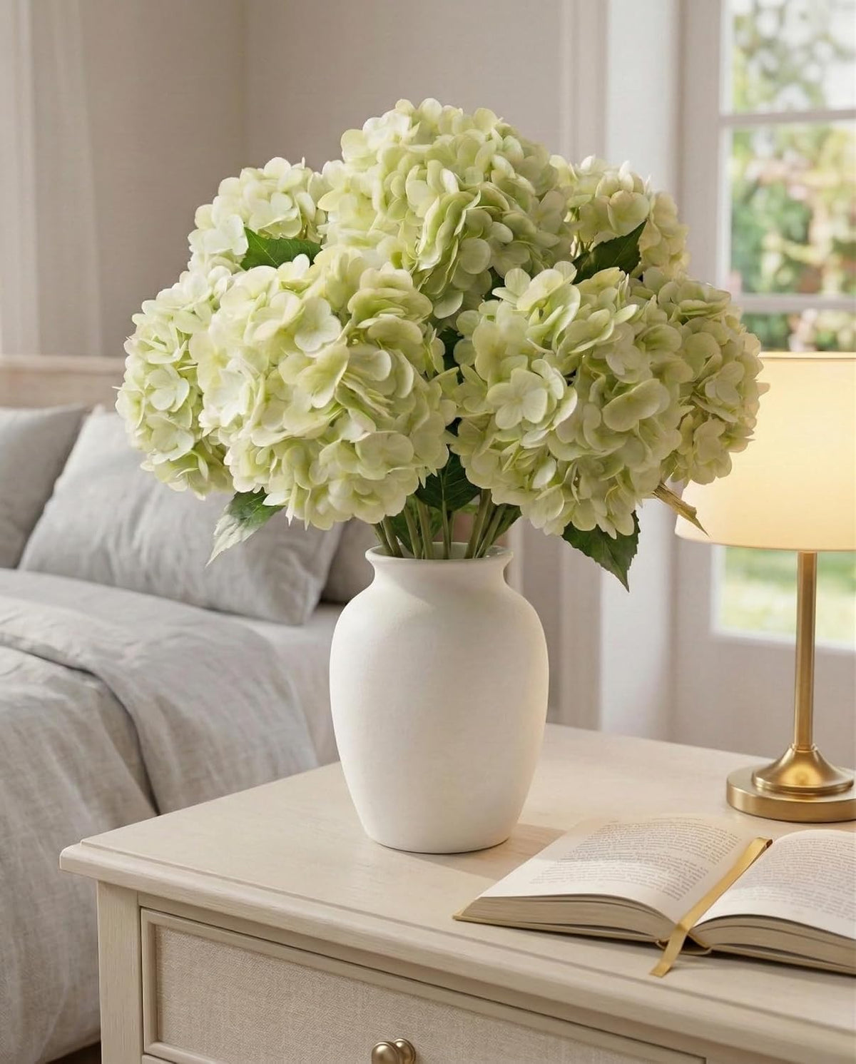 3 Pcs Real Touch Light Green Hydrangea Artificial Flowers - Large 3D Waterproof Latex Green Faux Fake Hydrangeas with Stem for Outdoor, Wedding, Table Centerpieces, Home Kitchen Decor