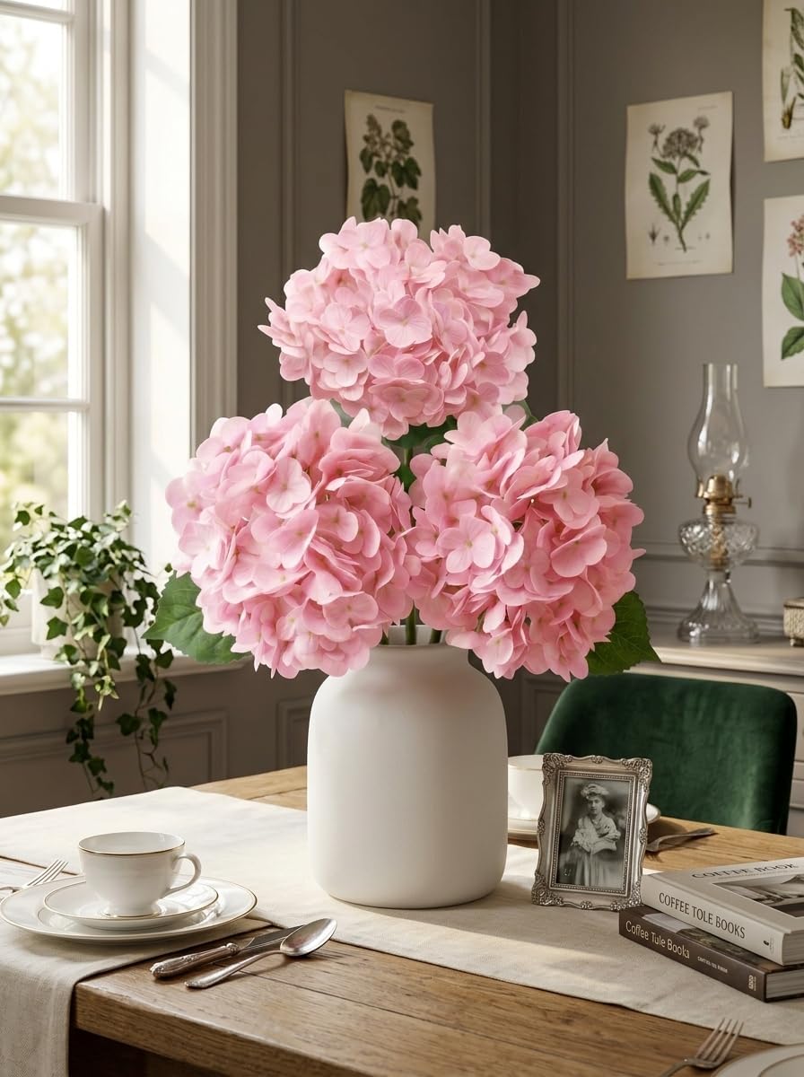 3 Pcs Real Touch Light Green Hydrangea Artificial Flowers - Large 3D Waterproof Latex Green Faux Fake Hydrangeas with Stem for Outdoor, Wedding, Table Centerpieces, Home Kitchen Decor
