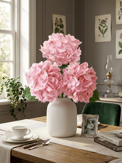 3 Pcs Real Touch Light Green Hydrangea Artificial Flowers - Large 3D Waterproof Latex Green Faux Fake Hydrangeas with Stem for Outdoor, Wedding, Table Centerpieces, Home Kitchen Decor