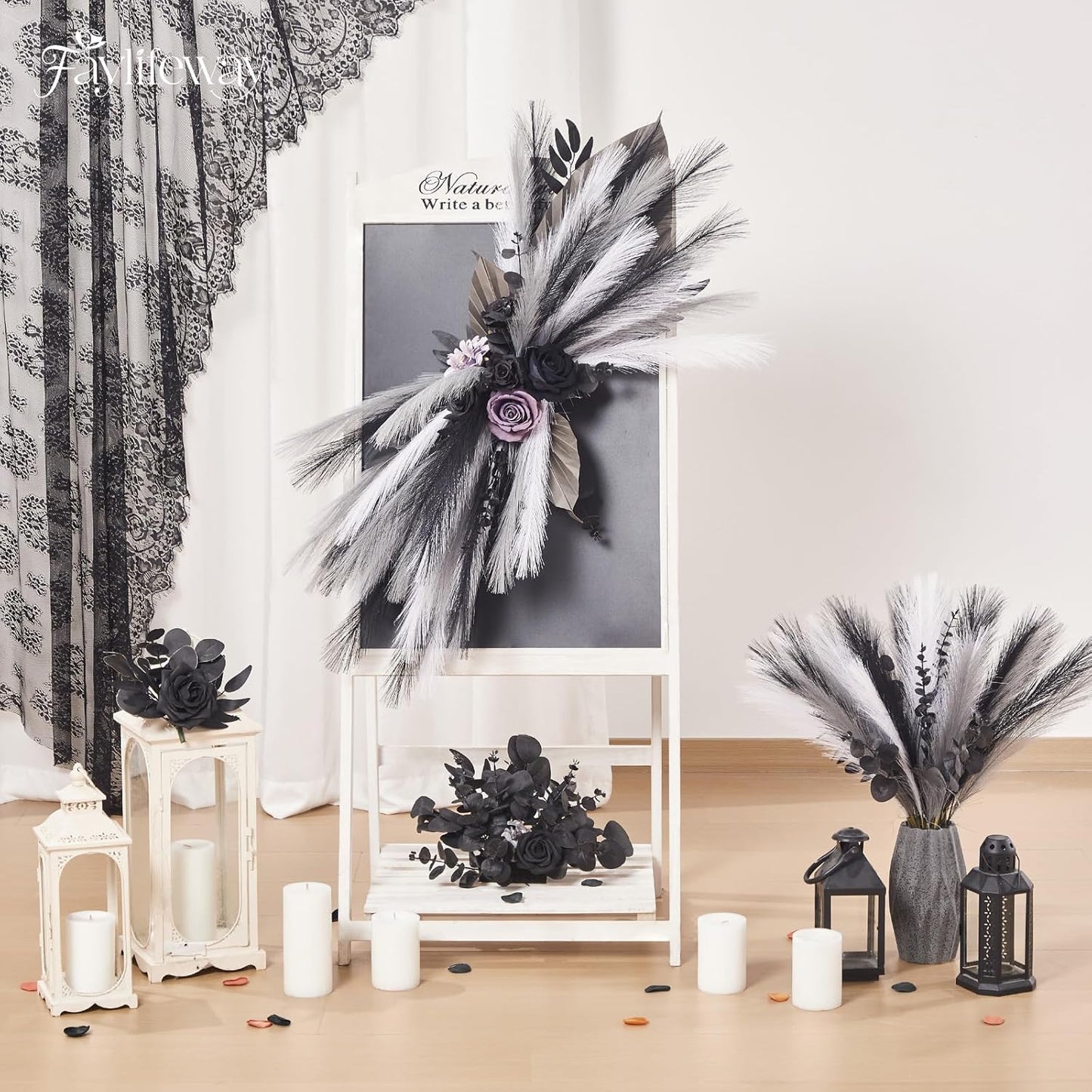 50PCS Brown&White Pampas Grass, 17in Fluffy Boho Feathers Decor | Ideal Artificial Flowers for Vase Filler,Birthday,Wedding,Baby Shower,Bathroom,Home,Table,Wall,Bow Decor