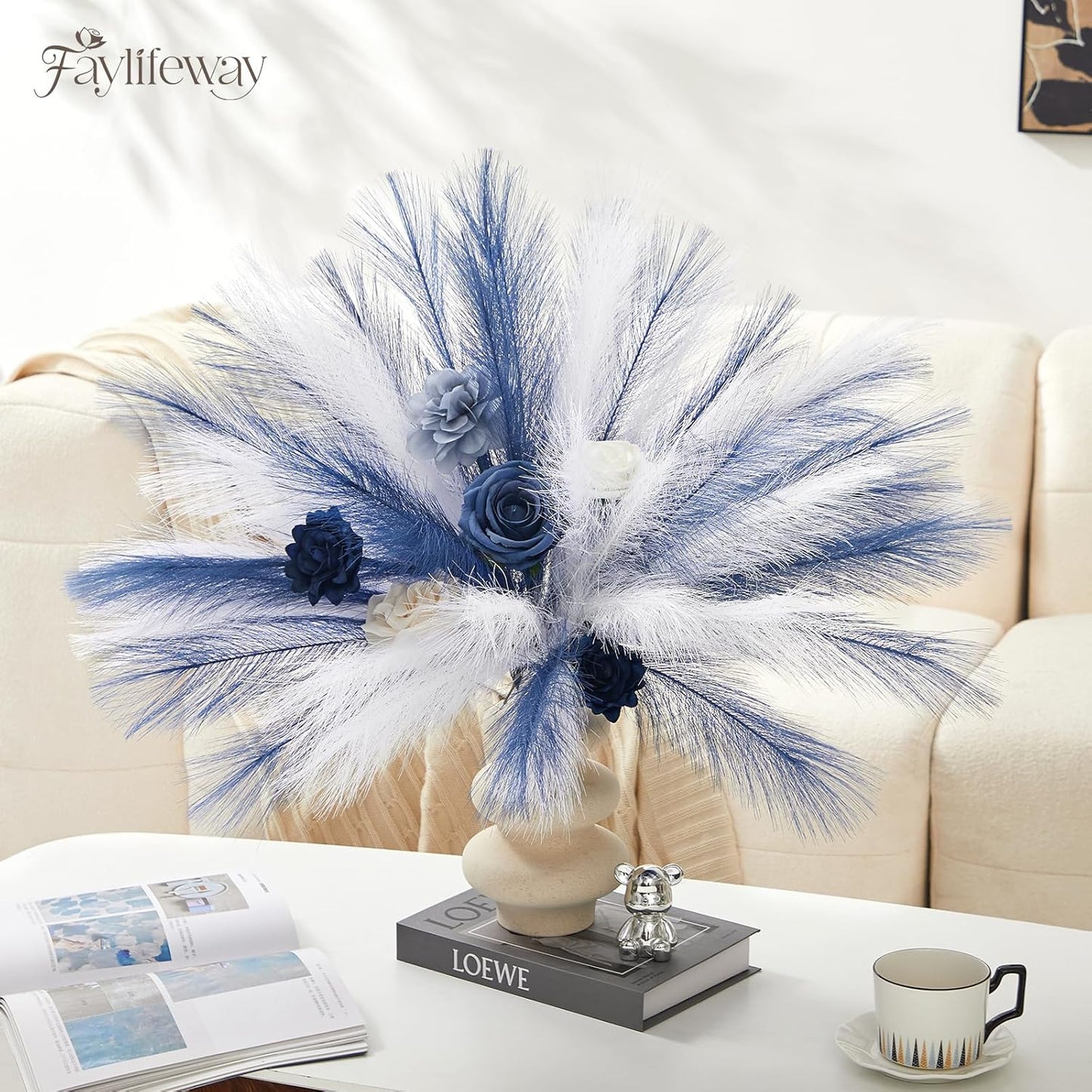 50PCS Brown&White Pampas Grass, 17in Fluffy Boho Feathers Decor | Ideal Artificial Flowers for Vase Filler,Birthday,Wedding,Baby Shower,Bathroom,Home,Table,Wall,Bow Decor