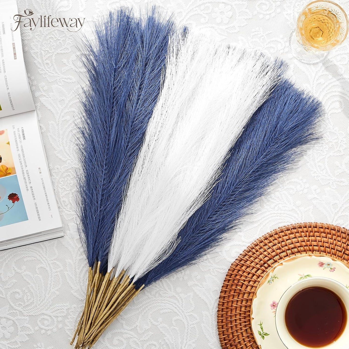 50PCS Brown&White Pampas Grass, 17in Fluffy Boho Feathers Decor | Ideal Artificial Flowers for Vase Filler,Birthday,Wedding,Baby Shower,Bathroom,Home,Table,Wall,Bow Decor