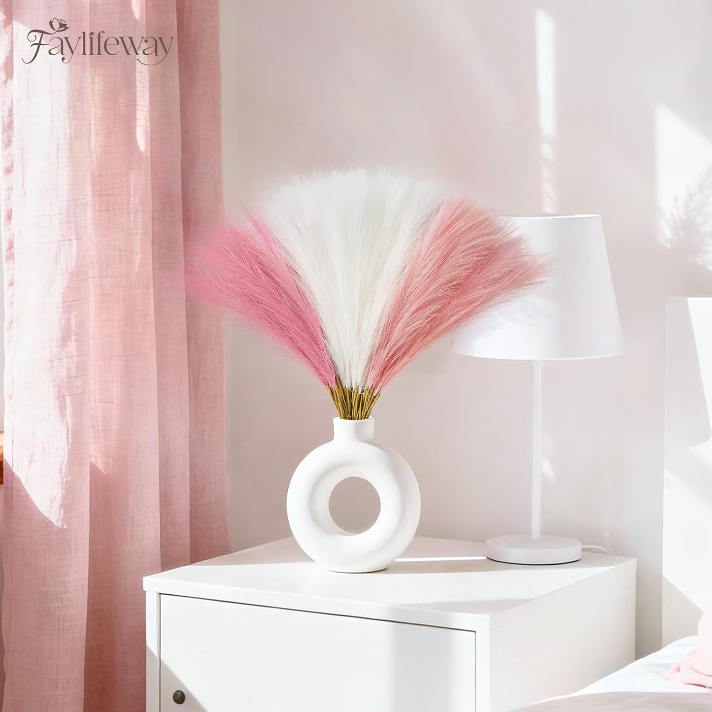 50PCS Brown&White Pampas Grass, 17in Fluffy Boho Feathers Decor | Ideal Artificial Flowers for Vase Filler,Birthday,Wedding,Baby Shower,Bathroom,Home,Table,Wall,Bow Decor