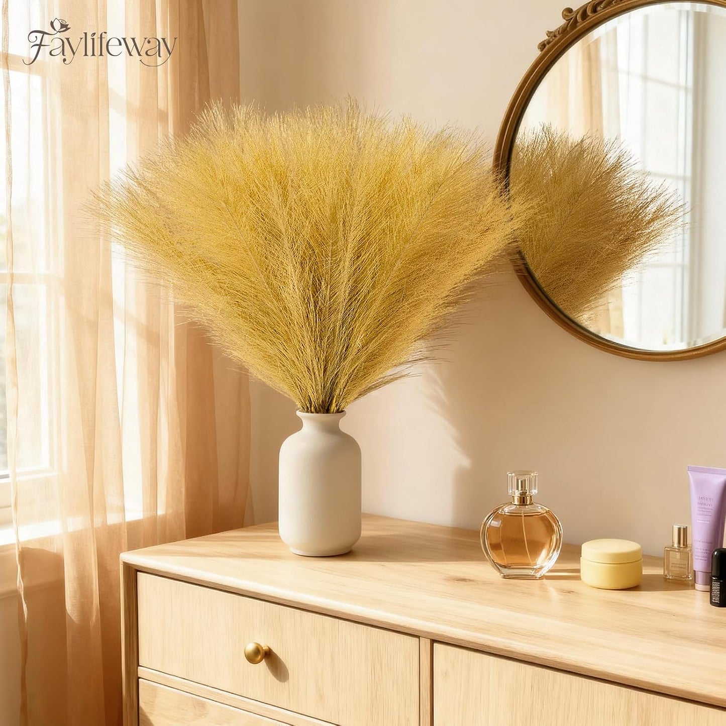 50PCS Brown&White Pampas Grass, 17in Fluffy Boho Feathers Decor | Ideal Artificial Flowers for Vase Filler,Birthday,Wedding,Baby Shower,Bathroom,Home,Table,Wall,Bow Decor