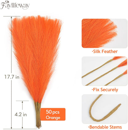 50PCS Brown&White Pampas Grass, 17in Fluffy Boho Feathers Decor | Ideal Artificial Flowers for Vase Filler,Birthday,Wedding,Baby Shower,Bathroom,Home,Table,Wall,Bow Decor