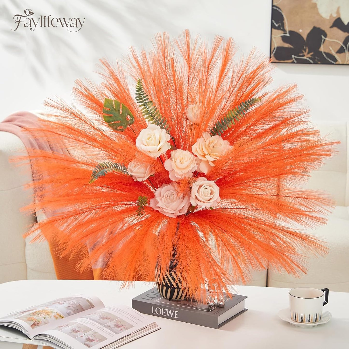 50PCS Brown&White Pampas Grass, 17in Fluffy Boho Feathers Decor | Ideal Artificial Flowers for Vase Filler,Birthday,Wedding,Baby Shower,Bathroom,Home,Table,Wall,Bow Decor