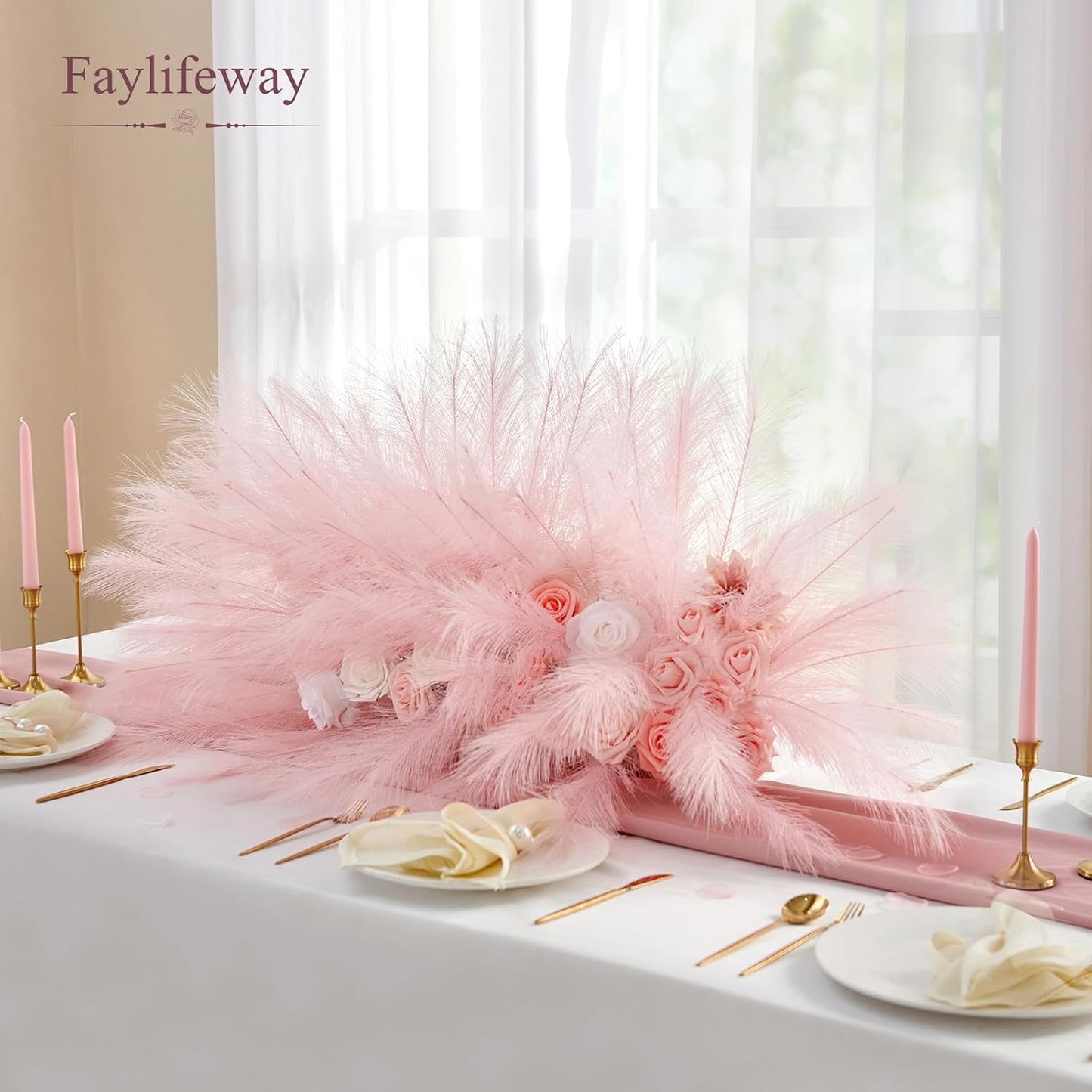 50PCS Brown&White Pampas Grass, 17in Fluffy Boho Feathers Decor | Ideal Artificial Flowers for Vase Filler,Birthday,Wedding,Baby Shower,Bathroom,Home,Table,Wall,Bow Decor