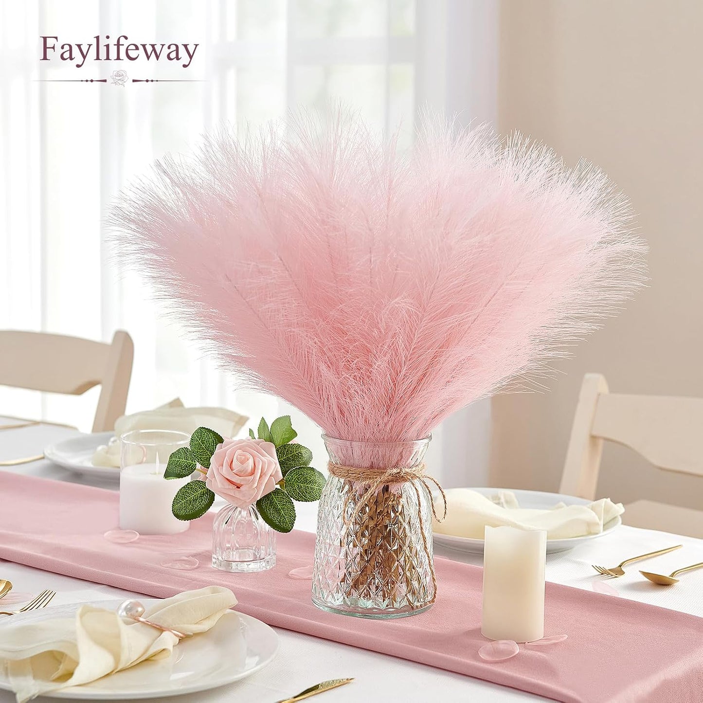 50PCS Brown&White Pampas Grass, 17in Fluffy Boho Feathers Decor | Ideal Artificial Flowers for Vase Filler,Birthday,Wedding,Baby Shower,Bathroom,Home,Table,Wall,Bow Decor