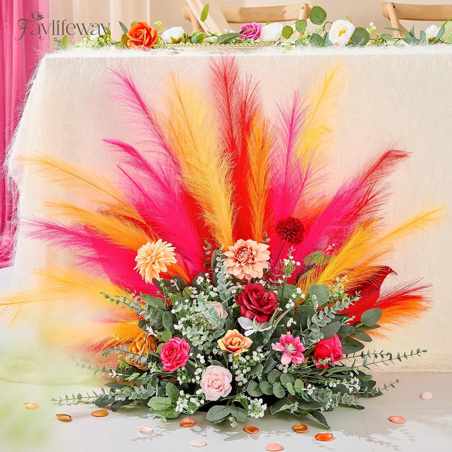 50PCS Brown&White Pampas Grass, 17in Fluffy Boho Feathers Decor | Ideal Artificial Flowers for Vase Filler,Birthday,Wedding,Baby Shower,Bathroom,Home,Table,Wall,Bow Decor