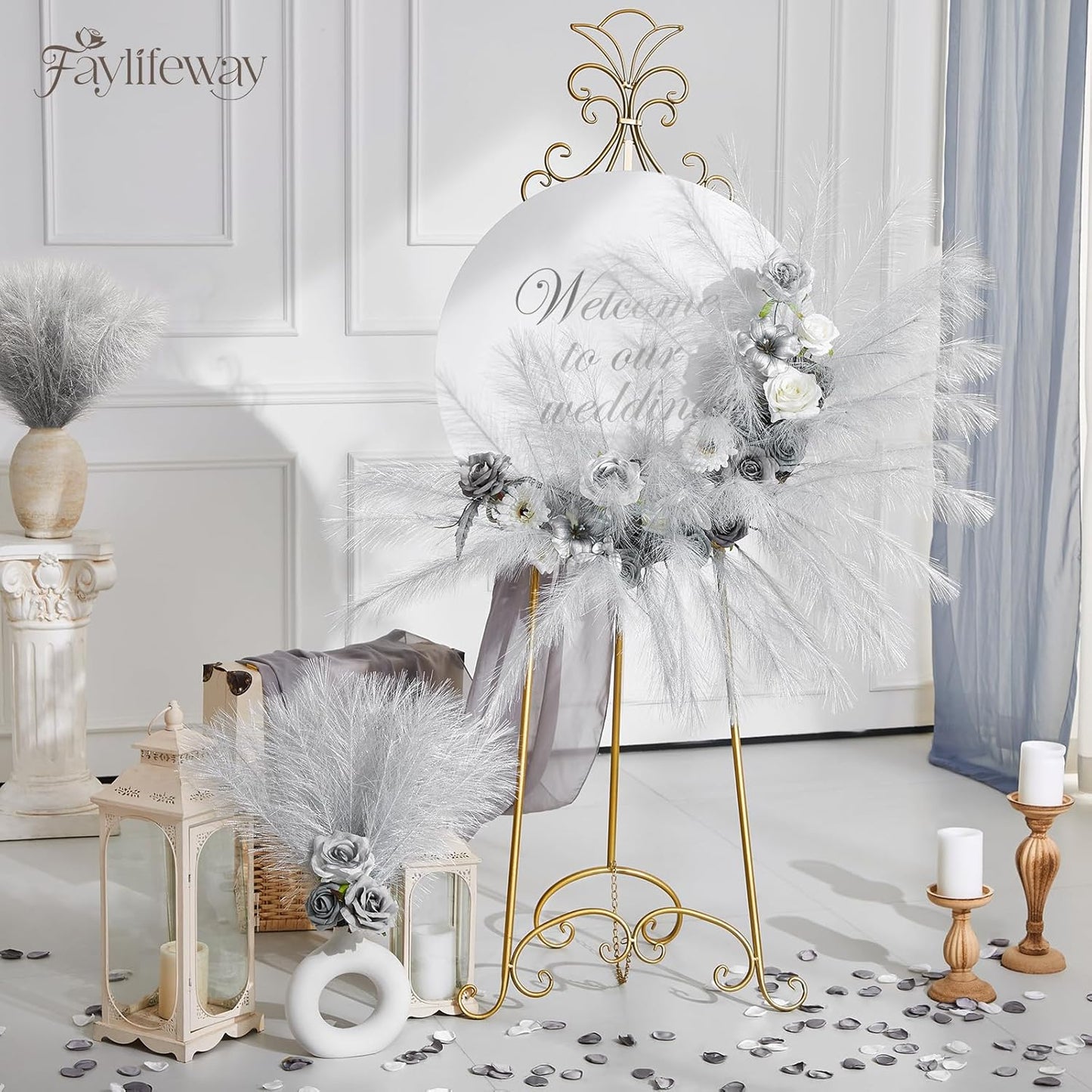 50PCS Brown&White Pampas Grass, 17in Fluffy Boho Feathers Decor | Ideal Artificial Flowers for Vase Filler,Birthday,Wedding,Baby Shower,Bathroom,Home,Table,Wall,Bow Decor