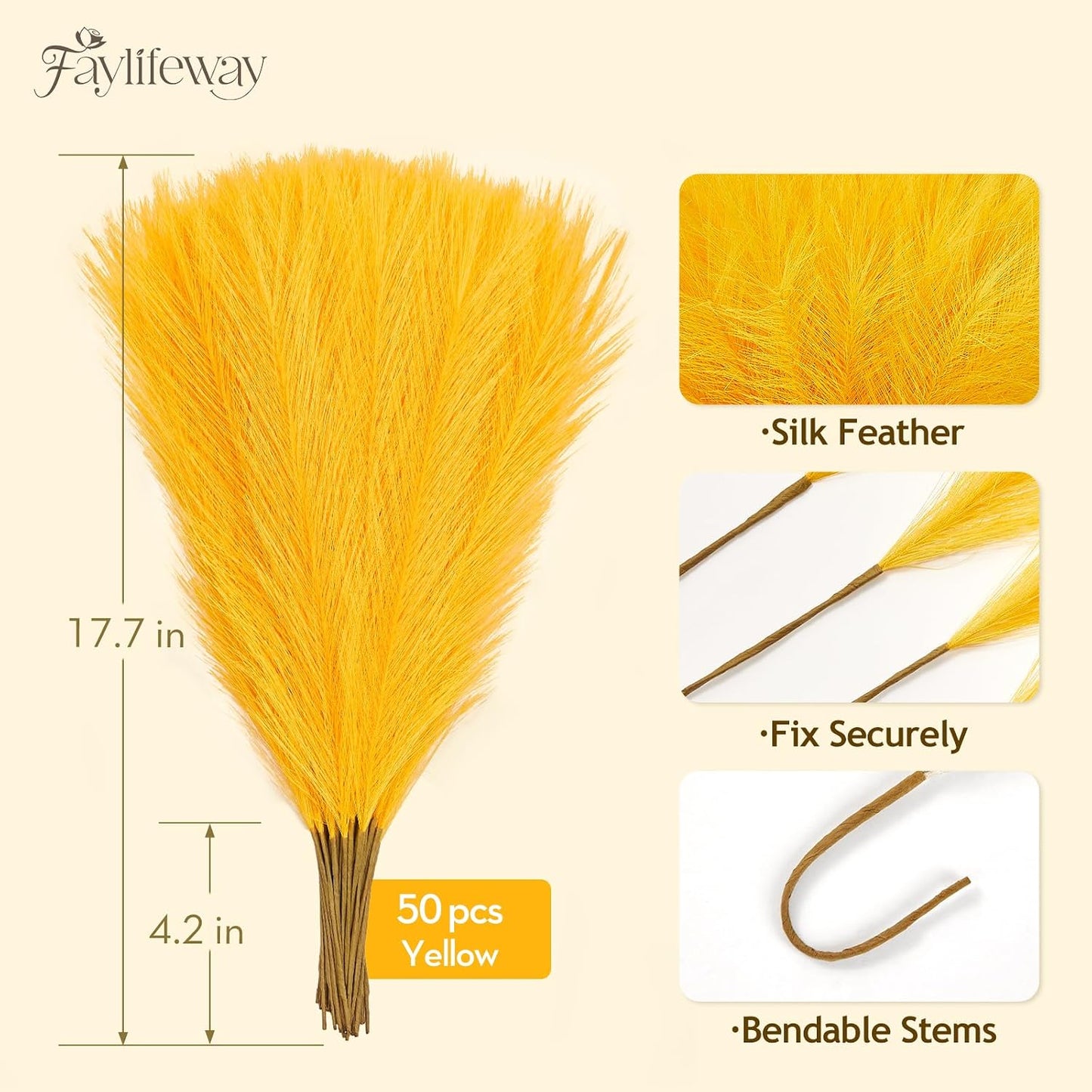 50PCS Brown&White Pampas Grass, 17in Fluffy Boho Feathers Decor | Ideal Artificial Flowers for Vase Filler,Birthday,Wedding,Baby Shower,Bathroom,Home,Table,Wall,Bow Decor