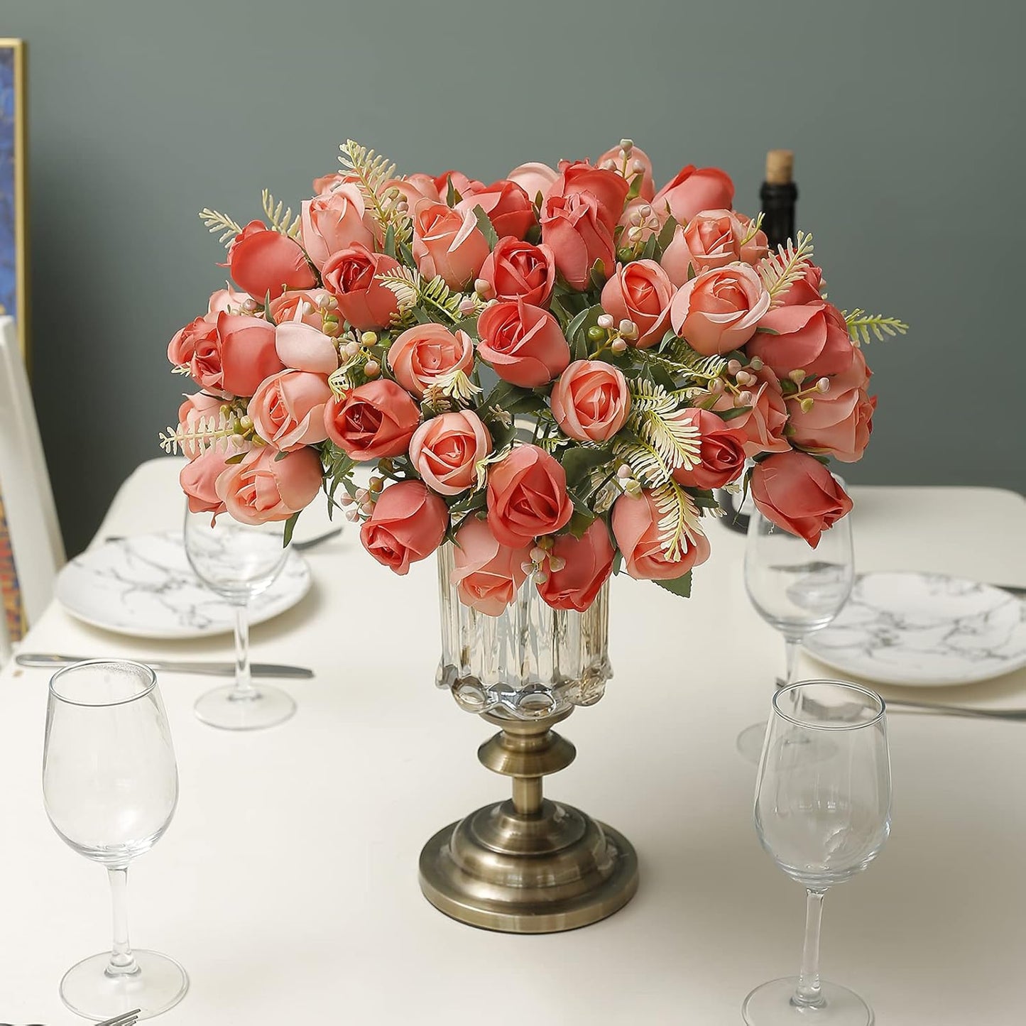 Artificial Rose Flower 20 Heads 2 Bundles Bridal Bouquet Silk Rose Bulk for Wedding Home Valentine's Day Party Decor, Mixed Living Coral