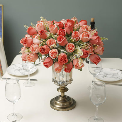 Artificial Rose Flower 20 Heads 2 Bundles Bridal Bouquet Silk Rose Bulk for Wedding Home Valentine's Day Party Decor, Mixed Living Coral