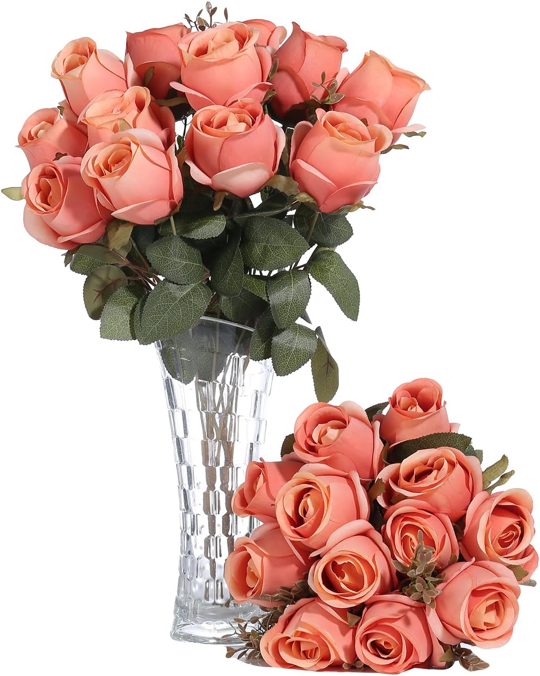 Artificial Rose Flower 20 Heads 2 Bundles Bridal Bouquet Silk Rose Bulk for Wedding Home Valentine's Day Party Decor, Mixed Living Coral