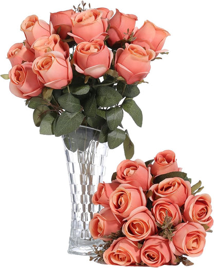 Artificial Rose Flower 20 Heads 2 Bundles Bridal Bouquet Silk Rose Bulk for Wedding Home Valentine's Day Party Decor, Mixed Living Coral