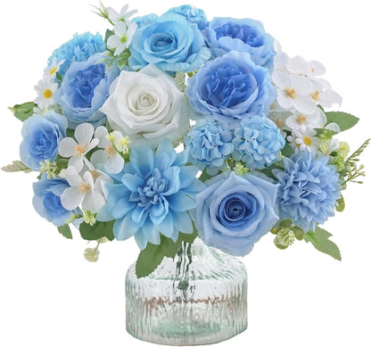 Mixed Artificial Flowers Set, Small Artificial Peony Bouquet Fake Rose Flower Silk Floral Arrangements for Table Centerpiece Home Wedding Party Bridal Decoration(Blue, 2 Bouquets & 2 Stems)