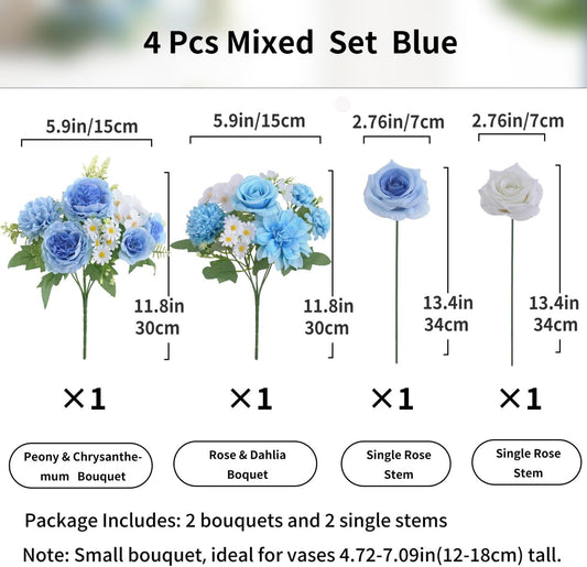 Mixed Artificial Flowers Set, Small Artificial Peony Bouquet Fake Rose Flower Silk Floral Arrangements for Table Centerpiece Home Wedding Party Bridal Decoration(Blue, 2 Bouquets & 2 Stems)