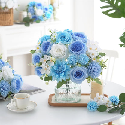 Mixed Artificial Flowers Set, Small Artificial Peony Bouquet Fake Rose Flower Silk Floral Arrangements for Table Centerpiece Home Wedding Party Bridal Decoration(Blue, 2 Bouquets & 2 Stems)