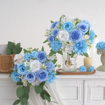 Mixed Artificial Flowers Set, Small Artificial Peony Bouquet Fake Rose Flower Silk Floral Arrangements for Table Centerpiece Home Wedding Party Bridal Decoration(Blue, 2 Bouquets & 2 Stems)