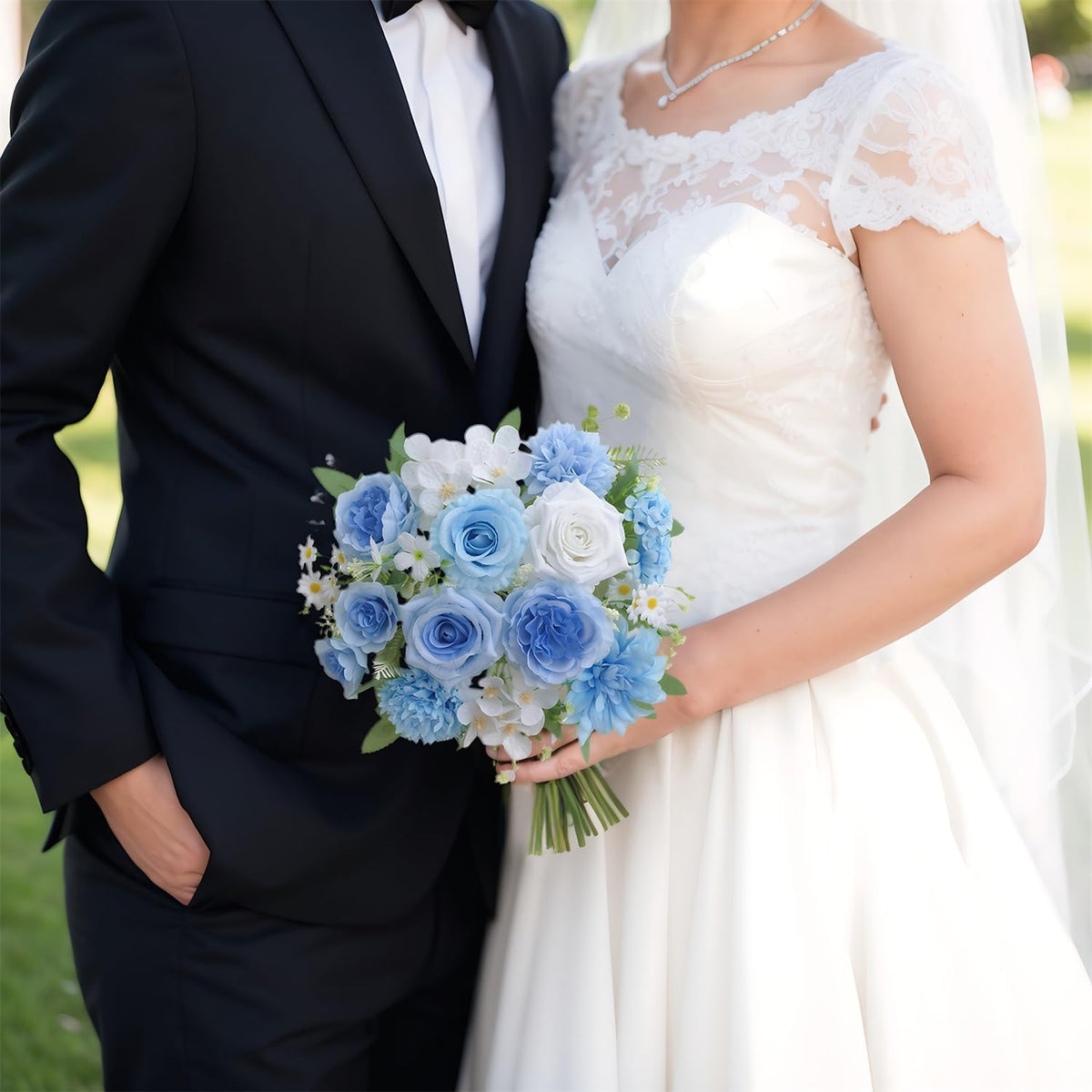 Mixed Artificial Flowers Set, Small Artificial Peony Bouquet Fake Rose Flower Silk Floral Arrangements for Table Centerpiece Home Wedding Party Bridal Decoration(Blue, 2 Bouquets & 2 Stems)