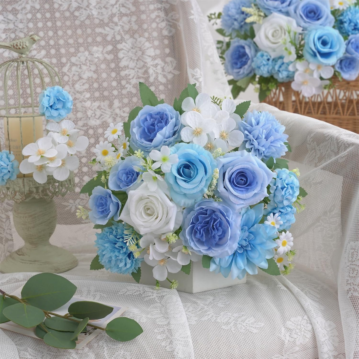Mixed Artificial Flowers Set, Small Artificial Peony Bouquet Fake Rose Flower Silk Floral Arrangements for Table Centerpiece Home Wedding Party Bridal Decoration(Blue, 2 Bouquets & 2 Stems)