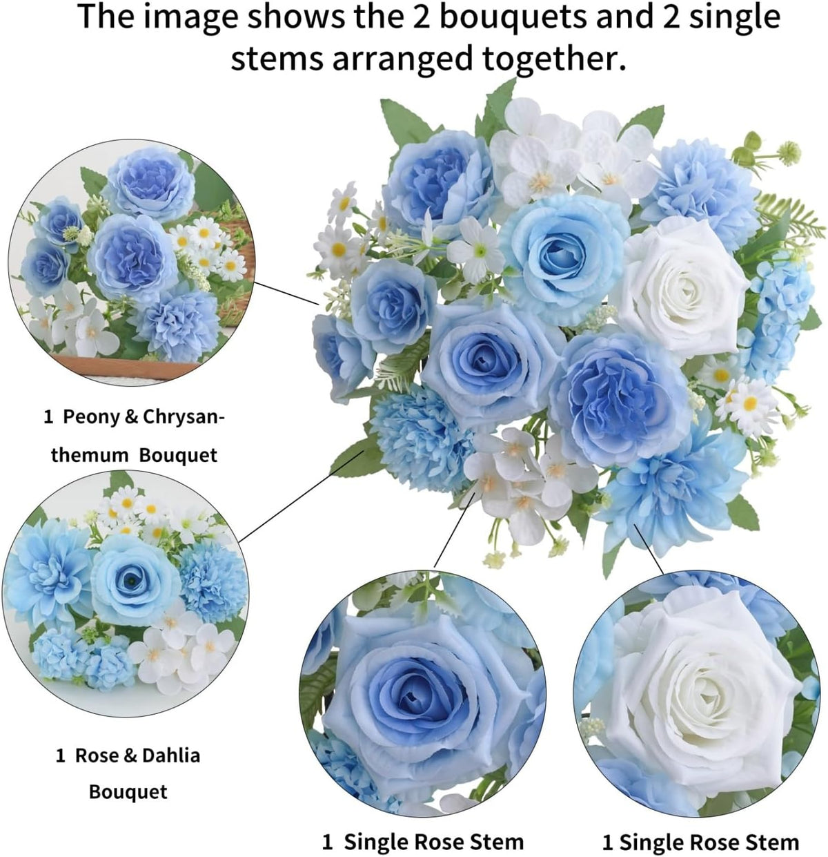 Mixed Artificial Flowers Set, Small Artificial Peony Bouquet Fake Rose Flower Silk Floral Arrangements for Table Centerpiece Home Wedding Party Bridal Decoration(Blue, 2 Bouquets & 2 Stems)