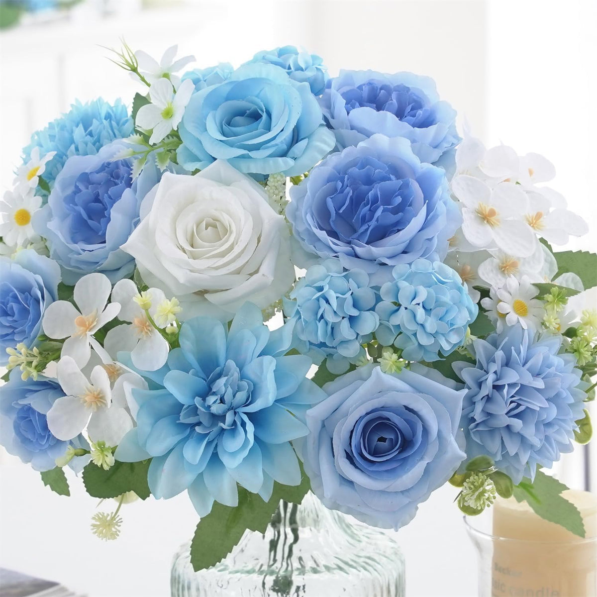 Mixed Artificial Flowers Set, Small Artificial Peony Bouquet Fake Rose Flower Silk Floral Arrangements for Table Centerpiece Home Wedding Party Bridal Decoration(Blue, 2 Bouquets & 2 Stems)