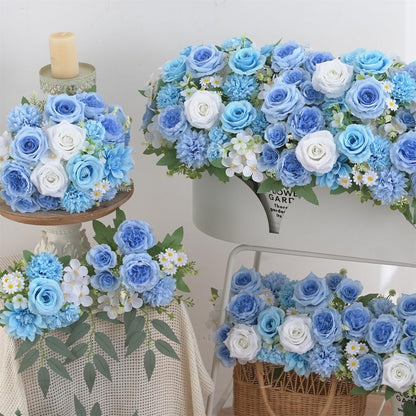 Mixed Artificial Flowers Set, Small Artificial Peony Bouquet Fake Rose Flower Silk Floral Arrangements for Table Centerpiece Home Wedding Party Bridal Decoration(Blue, 2 Bouquets & 2 Stems)
