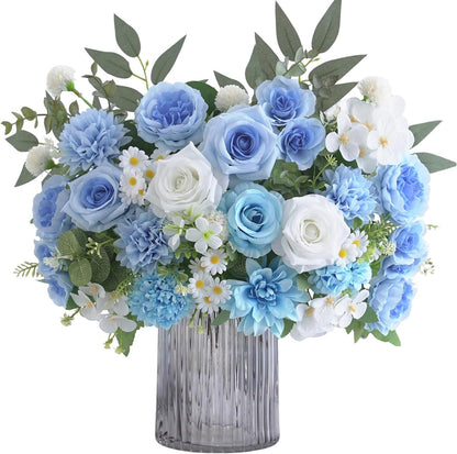Mixed Artificial Flowers Set, Small Artificial Peony Bouquet Fake Rose Flower Silk Floral Arrangements for Table Centerpiece Home Wedding Party Bridal Decoration(Blue, 2 Bouquets & 2 Stems)