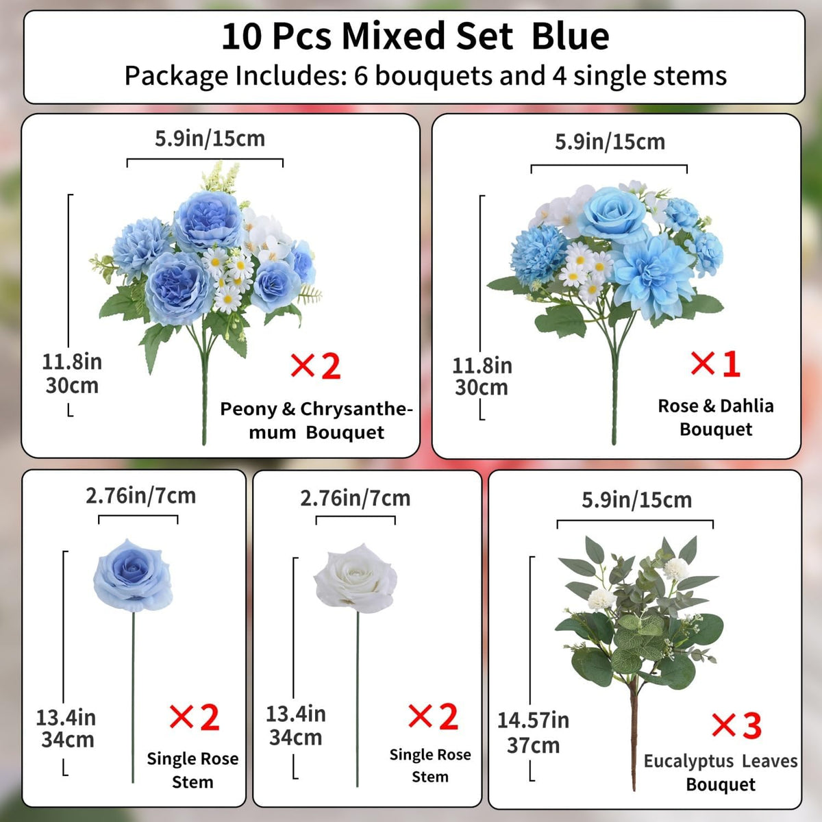 Mixed Artificial Flowers Set, Small Artificial Peony Bouquet Fake Rose Flower Silk Floral Arrangements for Table Centerpiece Home Wedding Party Bridal Decoration(Blue, 2 Bouquets & 2 Stems)