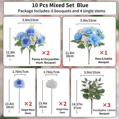 Mixed Artificial Flowers Set, Small Artificial Peony Bouquet Fake Rose Flower Silk Floral Arrangements for Table Centerpiece Home Wedding Party Bridal Decoration(Blue, 2 Bouquets & 2 Stems)